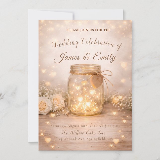 Convites Romantic Golden Light Hearts Wedding Invite (Frente)