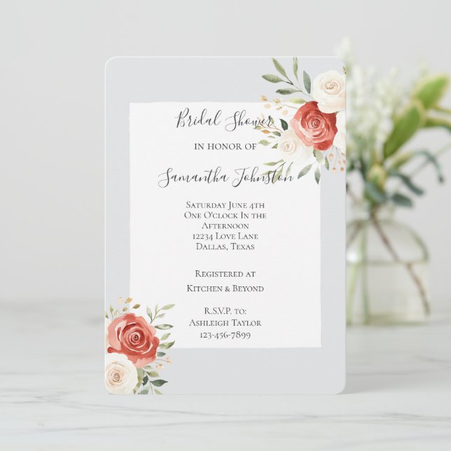 Convites Romantic Grey Red Cream Roses Bridal Shower (Em pé/Frente)