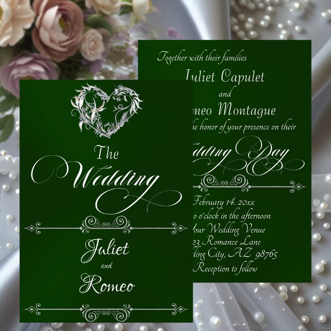 Convites Romantic Heart & Calligraphy on Emerald - Wedding (Criador carregado)