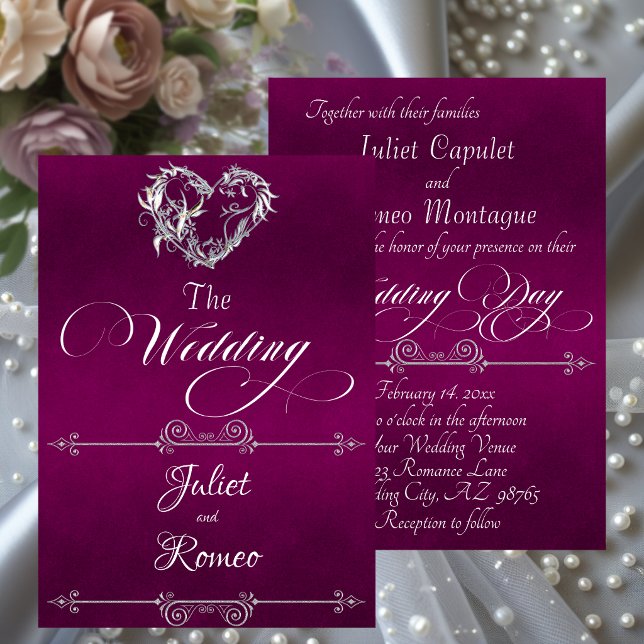 Convites Romantic Heart & Calligraphy on Plum - Wedding (Criador carregado)