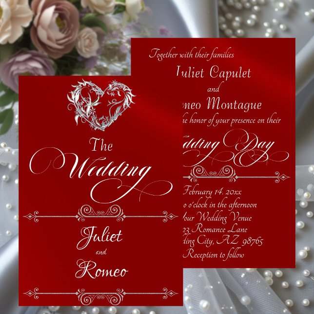 Convites Romantic Heart & Calligraphy on Red - Wedding (Criador carregado)