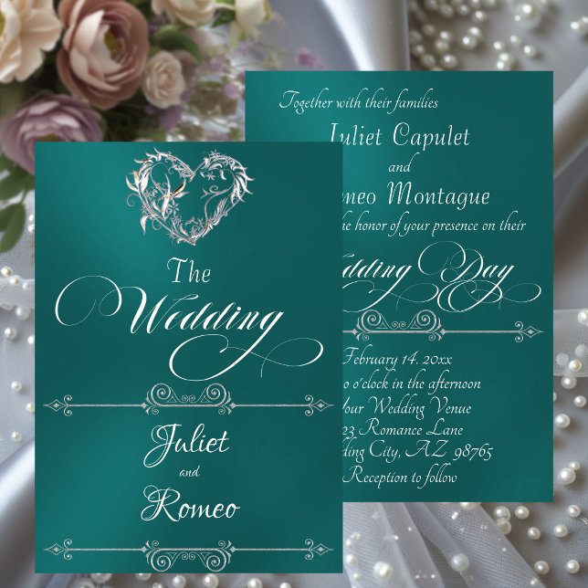 Convites Romantic Heart & Calligraphy on Teal - Wedding (Criador carregado)