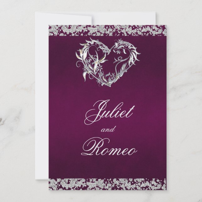 Convites Romantic Heart & Glitter on Plum Wedding (Frente)