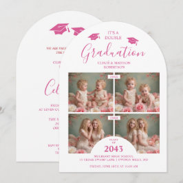 Convites Romantic Hot Pink 4-Photo Double Twins Grads TMF26