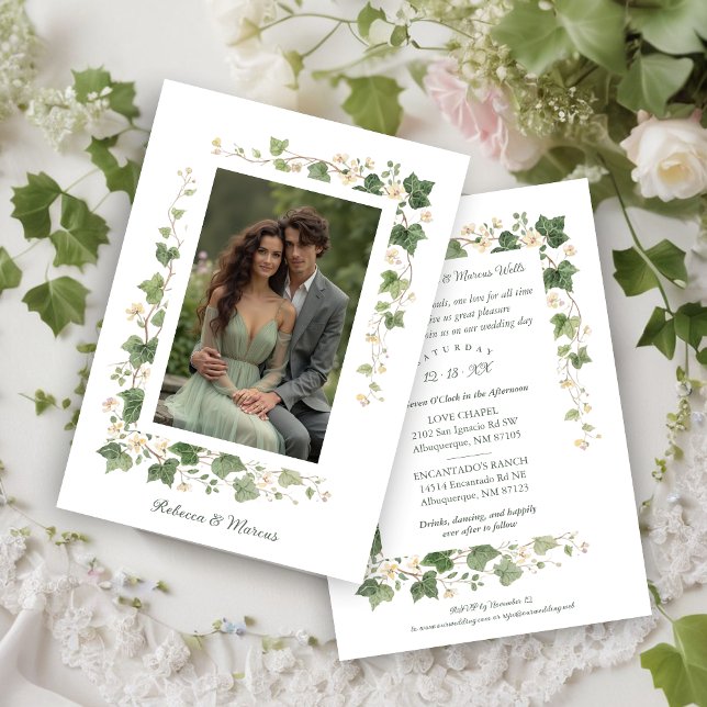 Convites Romantic Ivy and Floral Frame Wedding Photo (Romantic Ivy and Floral Frame Wedding Photo Invitation Cards.)
