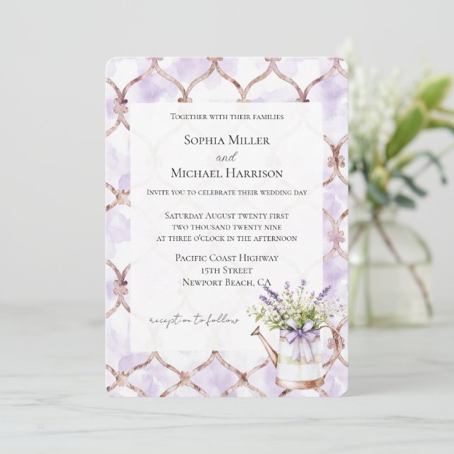 Convites Romantic Lavender Floral Bow Wedding (Em pé/Frente)