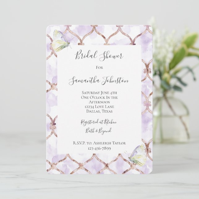 Convites Romantic Lavender Green Butterflies Bridal Shower (Em pé/Frente)