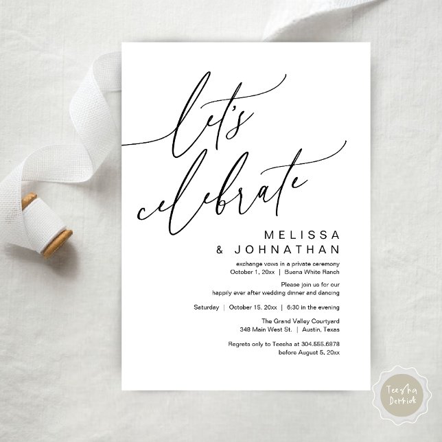 Convites Romantic Let's Celebrate Wedding Elopement Party (Let's Celebrate, Romantic Charm Wedding Elopement Dinner Party Brunch Invites Card PDF White Black)