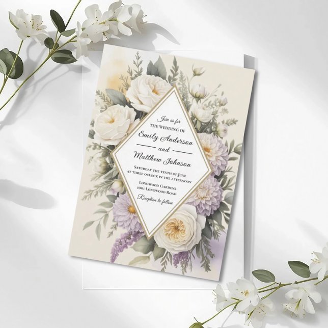 Convites Romantic Lilac Floral Geometric Wedding Invitation (Criador carregado)