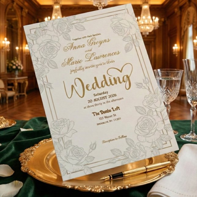 Convites Romantic Line Art Rose Faux Gold Foil Wedding  (Criador carregado)