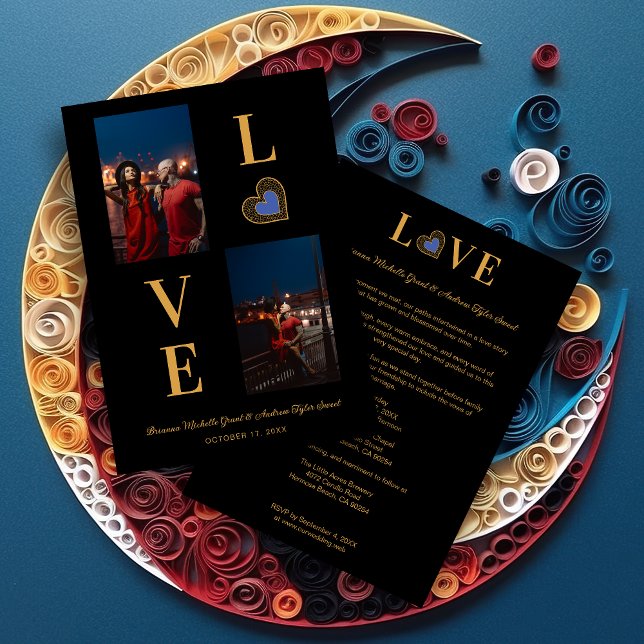 Convites Romantic Love blue Heart Fake Lace 2 Multi PHotos (Romantic Love blue Heart Fake Lace & Fake Golden Effect Classic 2 Photos Collage Wedding Invitation.)