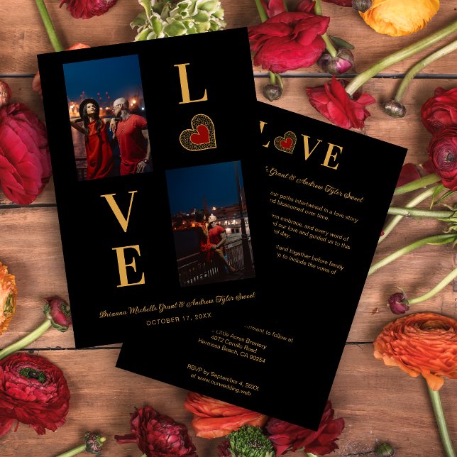 Convites Romantic Love Red Lace Heart 2 Multi Photos  (Romantic Love Red Heart Fake Lace and Fake Golden Effect Simple Classic 2 Photos Collage Invitation.)