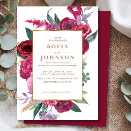 Convites Romantic Luxe Red Maroon Watercolor Floral Wedding