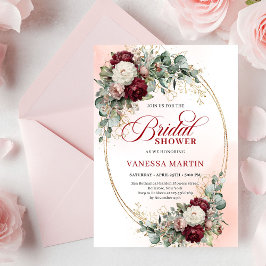 Convites Romantic Maroon Floral Gold Bridal Shower Card