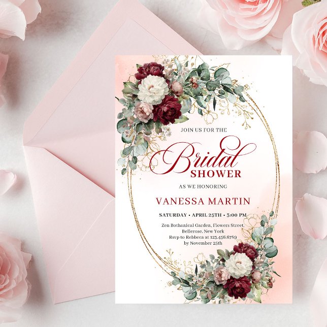 Convites Romantic Maroon Floral Gold Bridal Shower Card (Romantic Maroon Floral Gold Bridal Shower Card

)