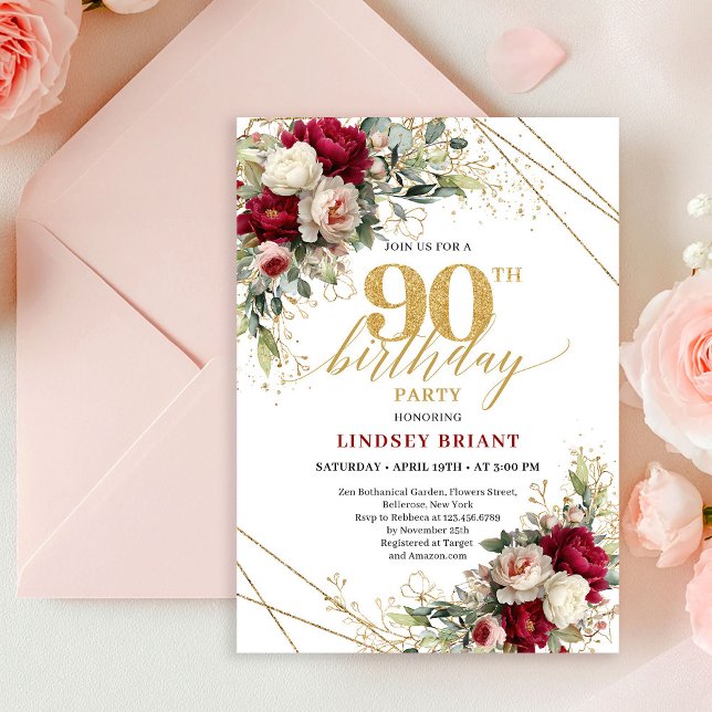 Convites Romantic Maroon Rose Gold 90th Birthday Invitation (Romantic Maroon Rose Gold 90th Birthday Invitation)