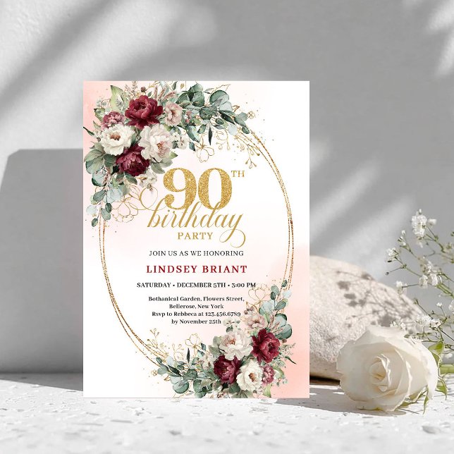 Convites Romantic Marsala Peonies Eucalyptus 90th Birthday  (Romantic Marsala Peonies Eucalyptus 90th Birthday Invite)