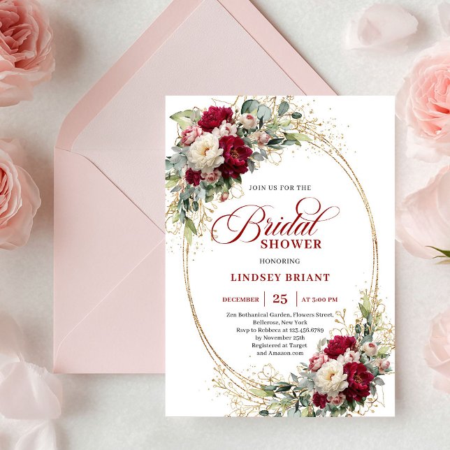 Convites Romantic Merlot Roses Gold Bridal Shower Invites (Romantic Merlot Roses Gold Bridal Shower Invitation)