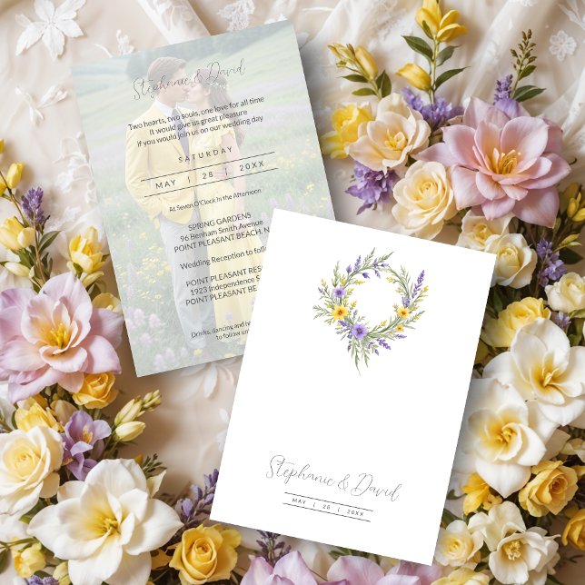 Convites Romantic Minimalist Wedding Yellow Lavender Wreath (Romantic Minimalist Wedding Yellow & Lavender Wreath Photo Invitations Cards. )