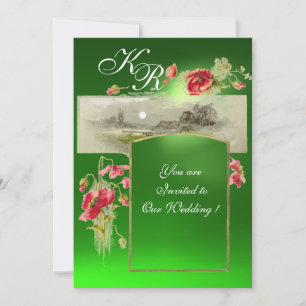 Convites ROMANTİC MONOGRAM / POPPIES,red,green emerald