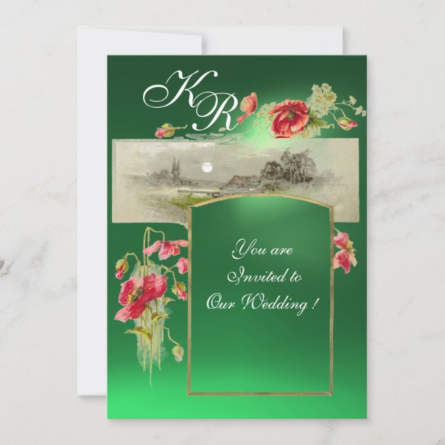 Convites ROMANTİC MONOGRAM / POPPIES,vermelho,jade verde (Frente)