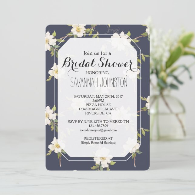 Convites Romantic Navy Blue White Floral Bridal shower (Em pé/Frente)