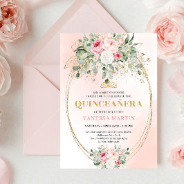 Convites Romantic Pale Pink Eucalyptus Quinceañera Invite
