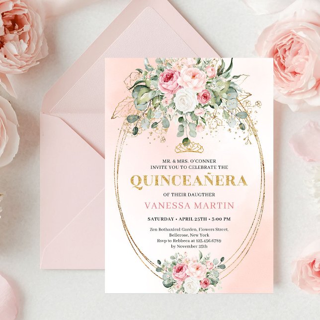 Convites Romantic Pale Pink Eucalyptus Quinceañera Invite (Romantic Pale Pink Eucalyptus Quinceañera Invite

)