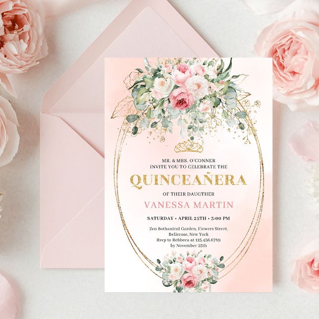 Convites Romantic Pale Pink Rose Gold Quinceañera Card (Romantic Pale Pink Rose Gold Quinceañera Card

)