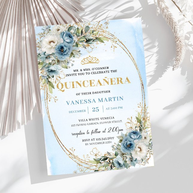 Convites Romantic Pastel Blue Gold Eucalyptus Quinceañera   (Romantic Pastel Blue Gold Eucalyptus Quinceañera Invite

)