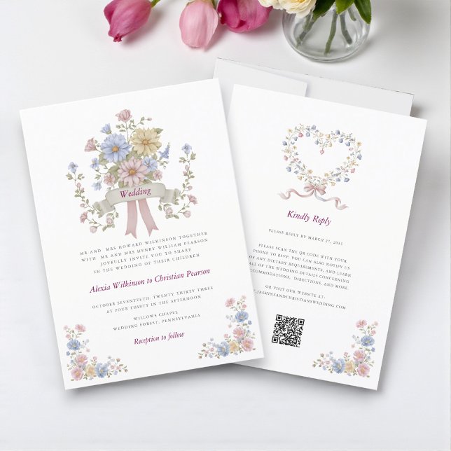 Convites Romantic Pastel Floral all in one wedding qr code  (Criador carregado)