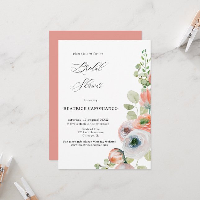 Convites Romantic Peach Coral Floral Bridal Shower Card (Frente/Verso In Situ)