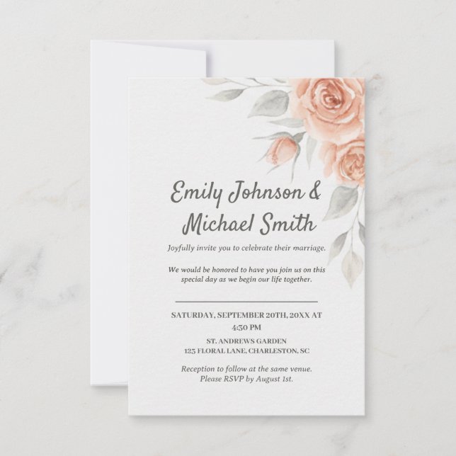 Convites Romantic Peach Watercolor Roses Wedding Invitation (Frente)