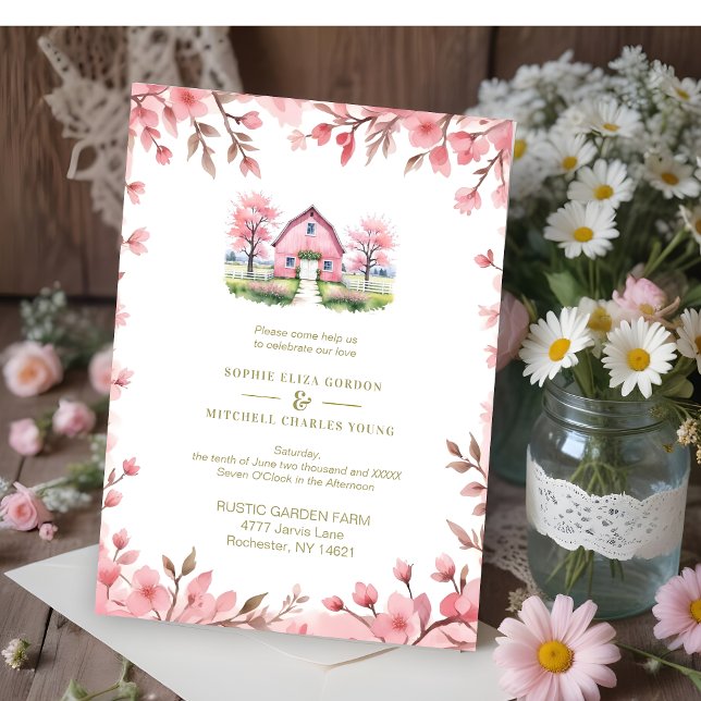 Convites Romantic Pink Barn Rustic Landscape Floral Frame (Romantic Pink Barn in Rustic Landscape and Cute Floral Frame Wedding Invitations Cards. )