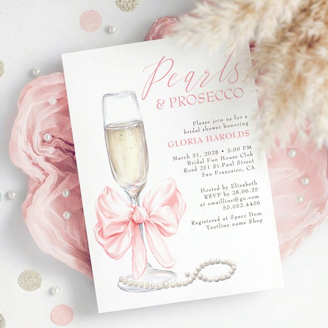 Convites Romantic Pink Bow Pearls & Prosecco Bridal Shower (Pink Bow Pearls and Prosecco Elegant Romantic Bridal Shower Invitation)