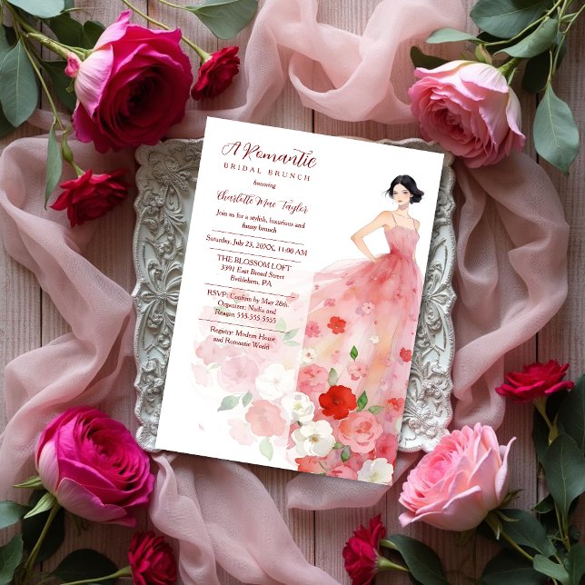Convites Romantic Pink Floral Tulle Model Bridal Shower (Romantic Fashion Model Woman in Pink Floral Tulle Dress Bridal Shower Invitation Design.)