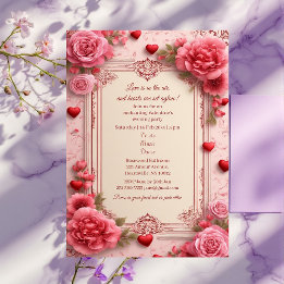 Convites Romantic Pink Heart Motifs Valentine Party Floral 