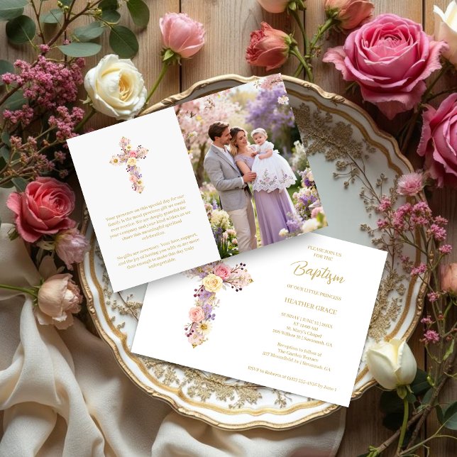 Convites Romantic Pink Lilac Floral Cross Baptism (Romantic Pink Lilac Christian Floral Cross Baptism Invitation. )