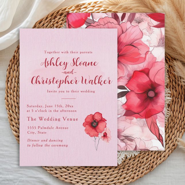 Convites Romantic Pink Red Floral Wedding (Romantic pink and red watercolor floral wedding invitation)