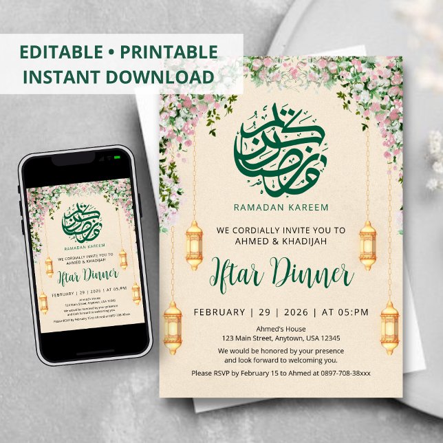 Convites Romantic Pink Rose Garland Ramadan Iftar Invitatio (Criador carregado)