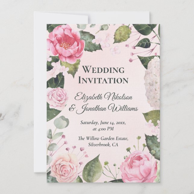 Convites Romantic Pink Roses Wedding Invitation (Frente)