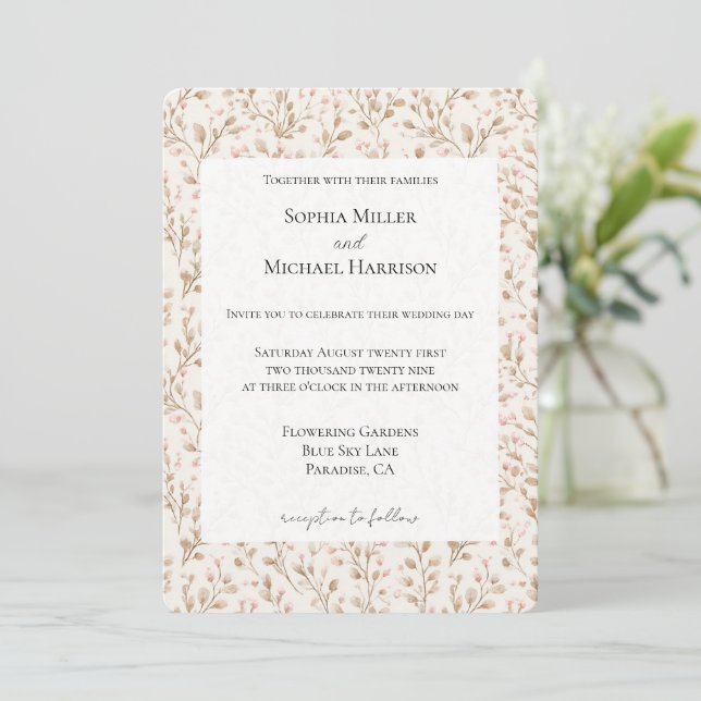 Convites Romantic Pretty Blush Pink Cream Floral Wedding (Em pé/Frente)
