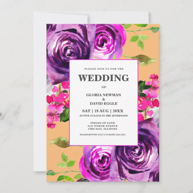 Convites Romantic Purple Floral Wedding Invitation (Frente)