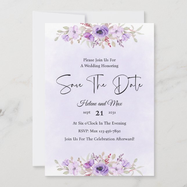 Convites Romantic Purple Floral Wedding Save the Date (Frente)