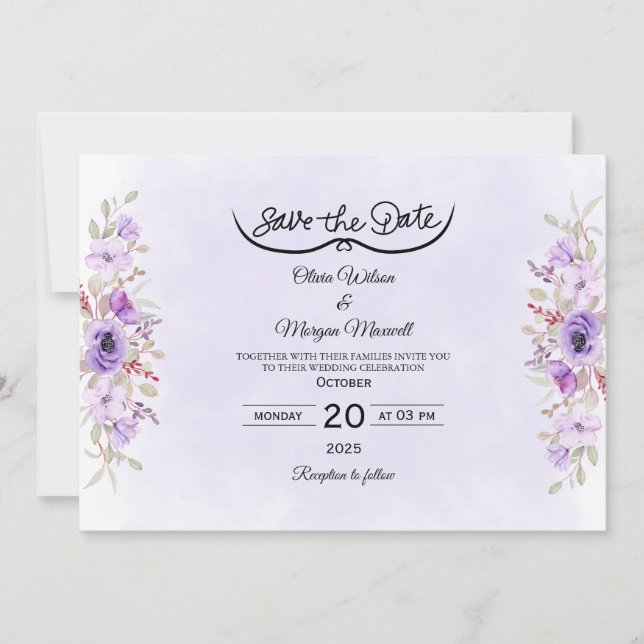 Convites Romantic Purple Floral Wedding Save the Date (Frente)