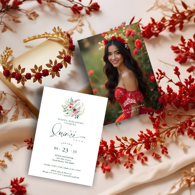 Convites Romantic Red Floral Floral Boho Quinceañera (Spanish Romantic Red Floral Floral Boho Quinceañera Invitations Cards with Back Photo & Tiara.)