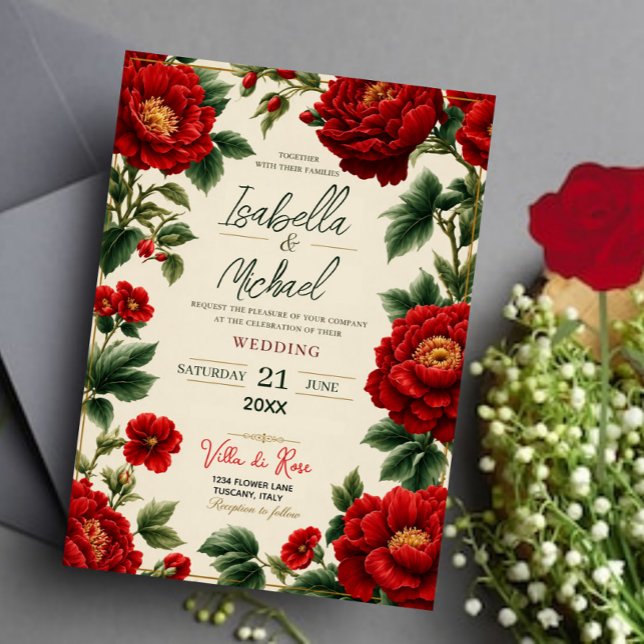 Convites Romantic Red Peony Elegant Floral Luxury Botanical (Criador carregado)