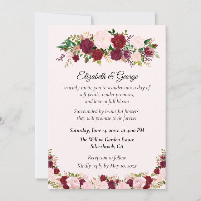 Convites Romantic Red, Pink Roses Custom Wedding Invitation (Frente)