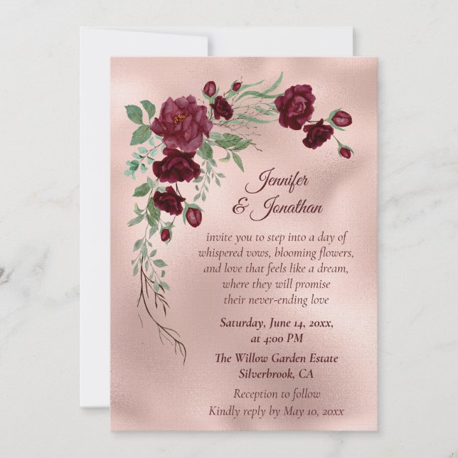 Convites Romantic Rose Gold Floral Customizable Wedding (Frente)
