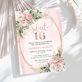 Convites Romantic Rose Gold Floral Greenery Sweet Sixteen 